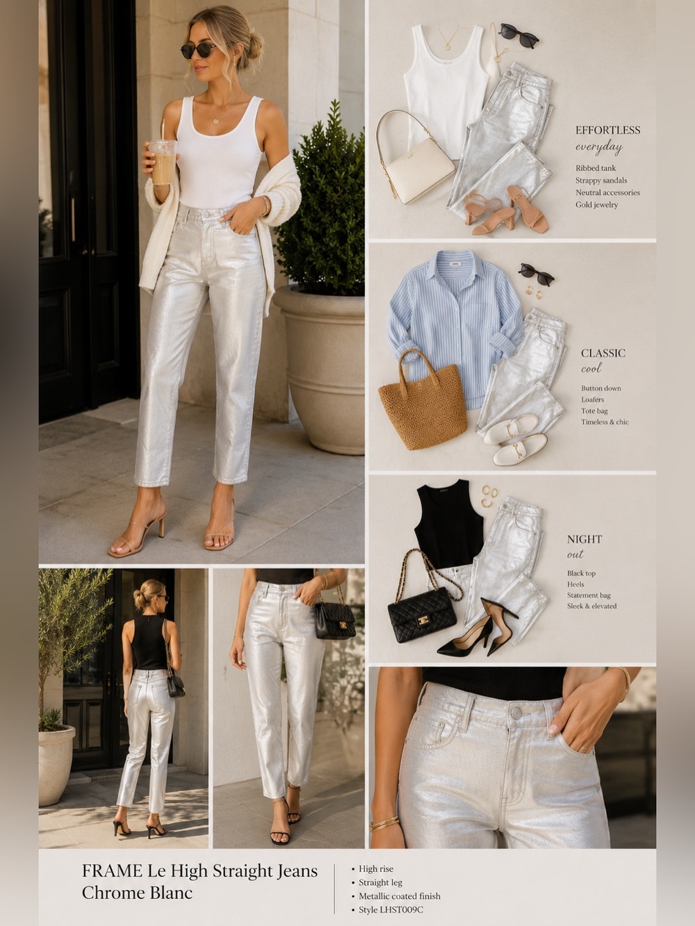 FRAME le high straight Chrome Blanc Metallic Coated Jeans Sz 25